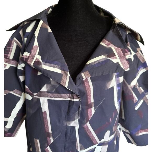 Cos Button Down Shirt Career Blouse Wide Collar Abstract Print Purple Size 8 - Picture 2 of 11